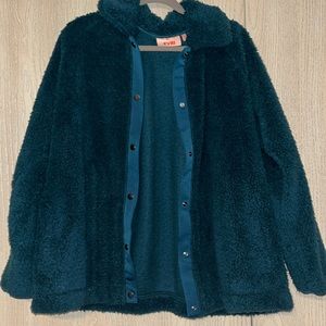 Dark green fuzzy button up jacket